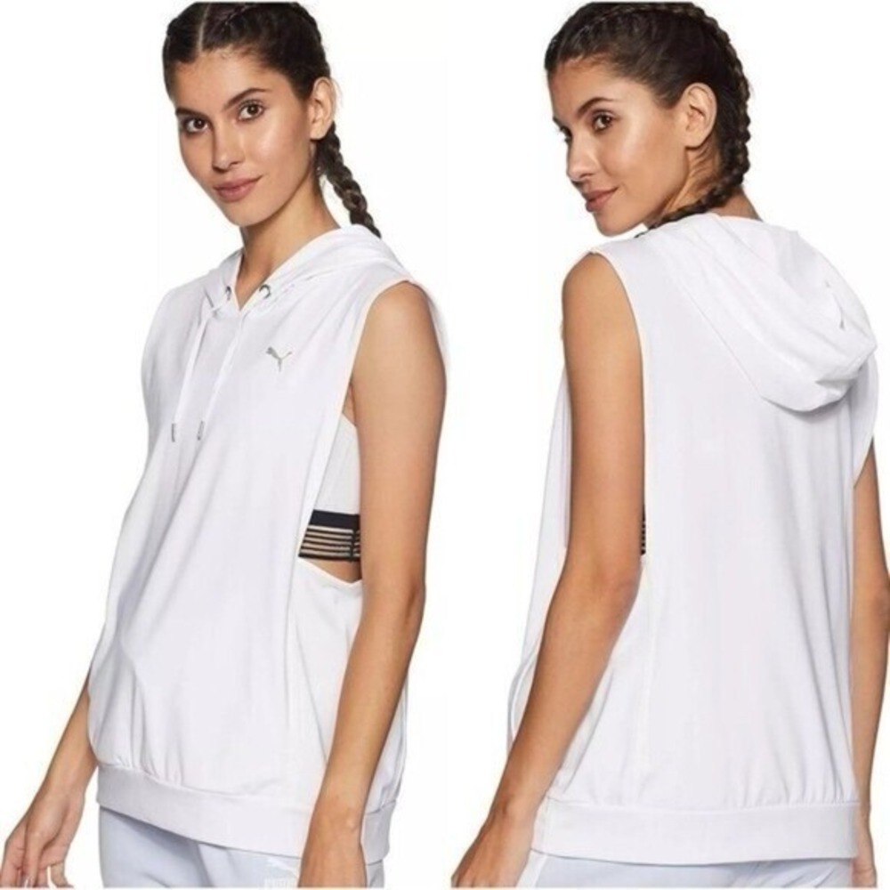 Puma Sleeveless Hoodie Womens Small White Side Slits Gymwear Sporty